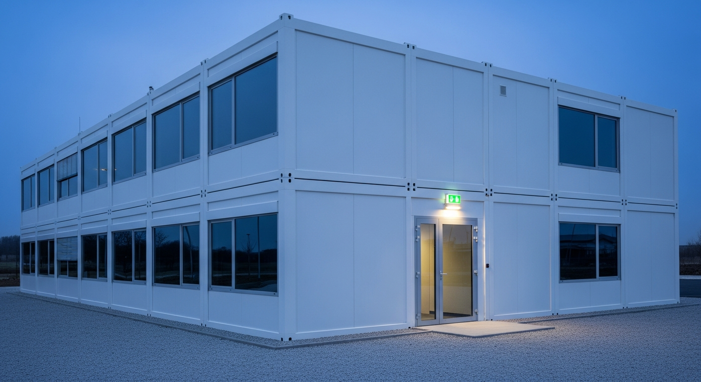 Moderner Laborcontainer in der Dämmerung mit beleuchtetem Notausgangsschild über der Eingangstür – baulicher und organisatorischer Brandschutz nach DIN 4102, DIN EN 13501 und ASR A2.3