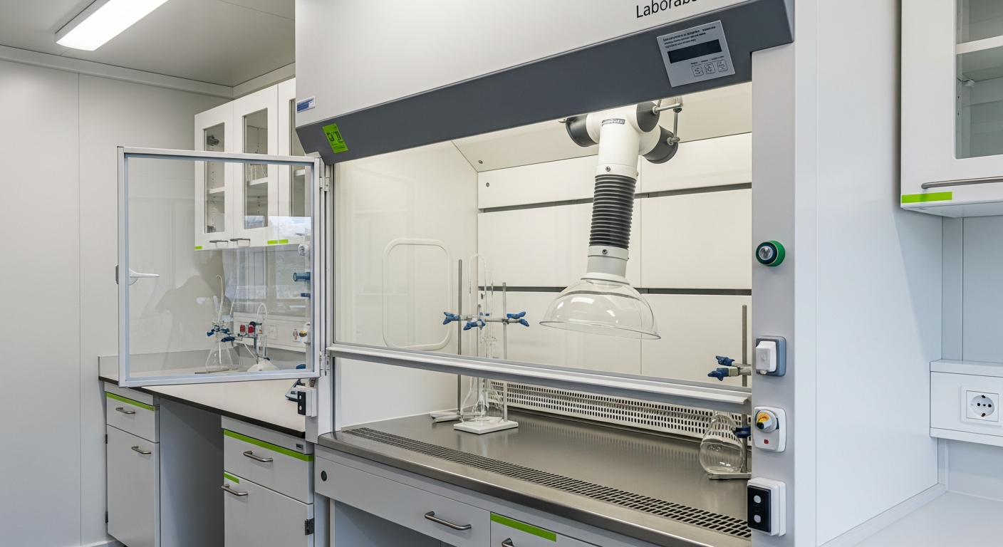 Moderner Laborabzug mit teilgeöffnetem Frontschieber und Edelstahl-Arbeitsfläche in einem Laborcontainer – Abzugstechnik nach DIN EN 14175 mit kontrollierter Abluftführung