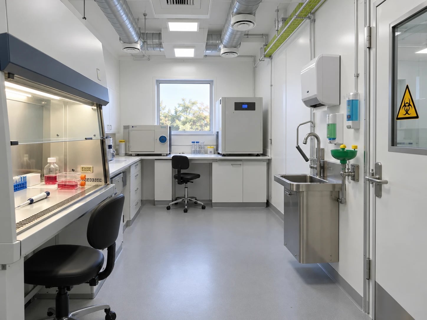 Symbolbild eines S2-Labors im Laborcontainer: Sicherheitswerkbank links, fugenloser grauer Boden mit Hohlkehle, Edelstahl-Waschbecken mit Ellenbogenhebel, Spendern und Augendusche neben der Tür mit Sichtfenster und Biogefährdungszeichen, dahinter Autoklav und Inkubator